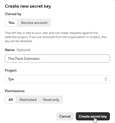 Creating an OpenAI secret key