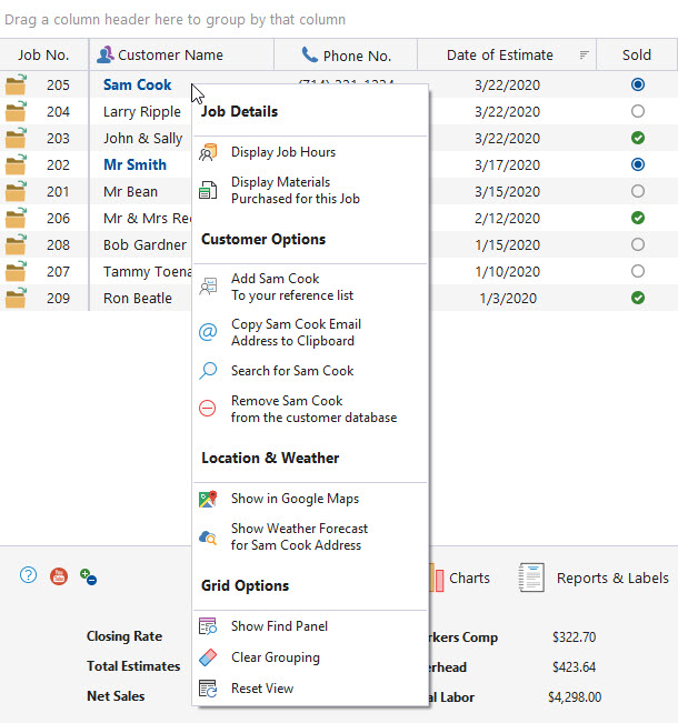 Customer Database context menu
