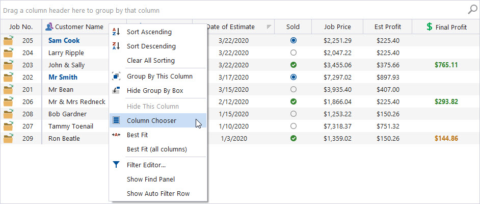 Column sorting and filtering