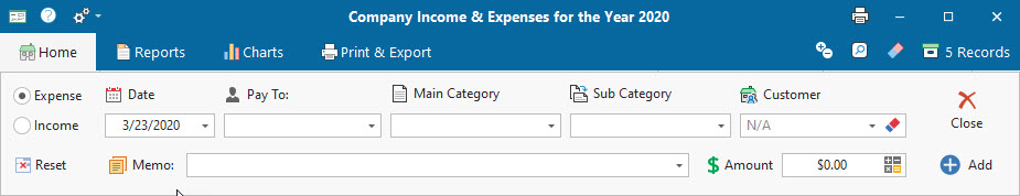 New Expense or Income panel
