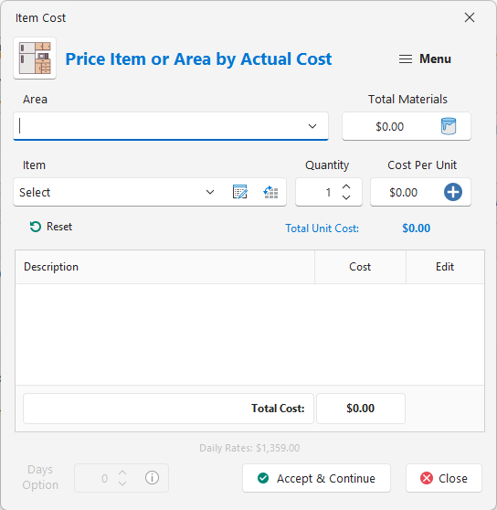 Item Cost form