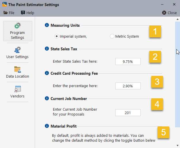Global settings screen