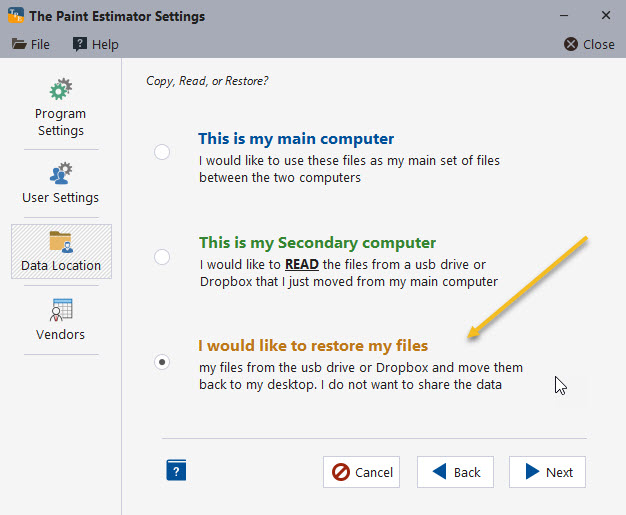 Restore files option