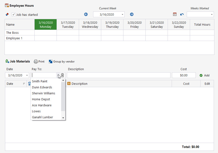 Entering materials and selecting a vendor