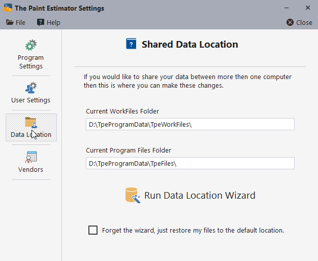 Data Location button