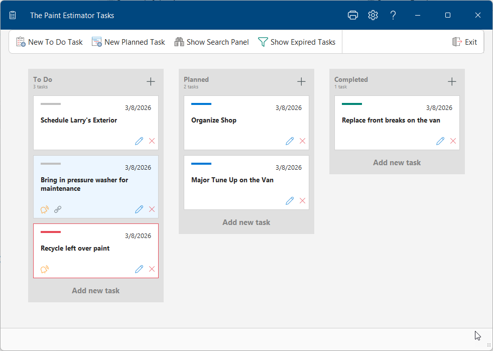 A view of the Tasks form